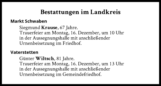 Traueranzeige von Bestattungen vom 16.12.2024 von Süddeutsche Zeitung