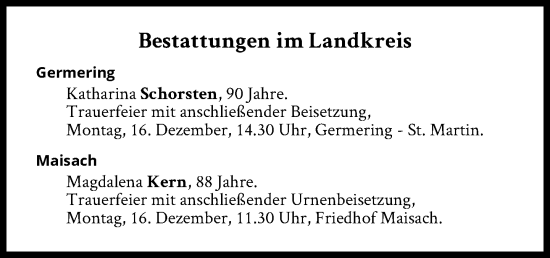 Traueranzeige von Bestattungen vom 16.12.2024 von Süddeutsche Zeitung