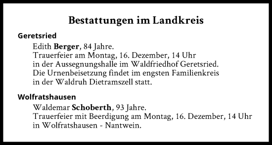 Traueranzeige von Bestattungen vom 16.12.2024 von Süddeutsche Zeitung