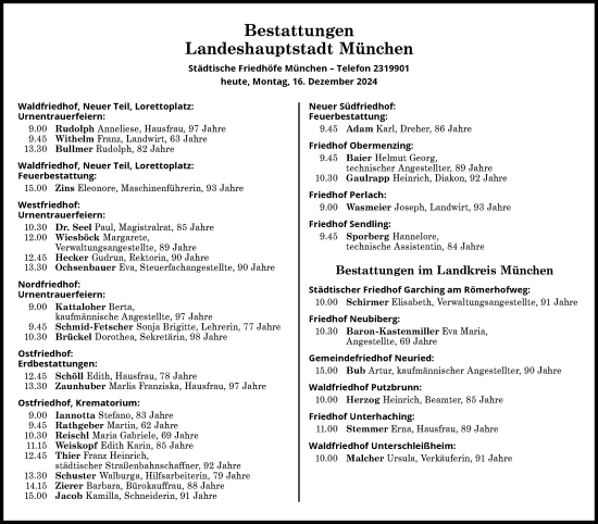 Traueranzeige von Bestattungen vom 16.12.2024 von Süddeutsche Zeitung