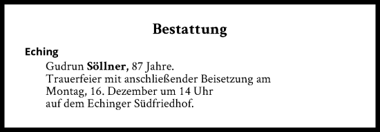 Traueranzeige von Bestattungen vom 16.12.2024 von Süddeutsche Zeitung