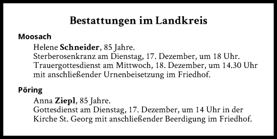 Traueranzeige von Bestattungen vom 17.12.2024 von Süddeutsche Zeitung