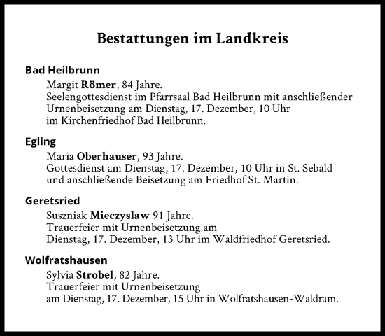 Traueranzeige von Bestattungen vom 17.12.2024 von Süddeutsche Zeitung