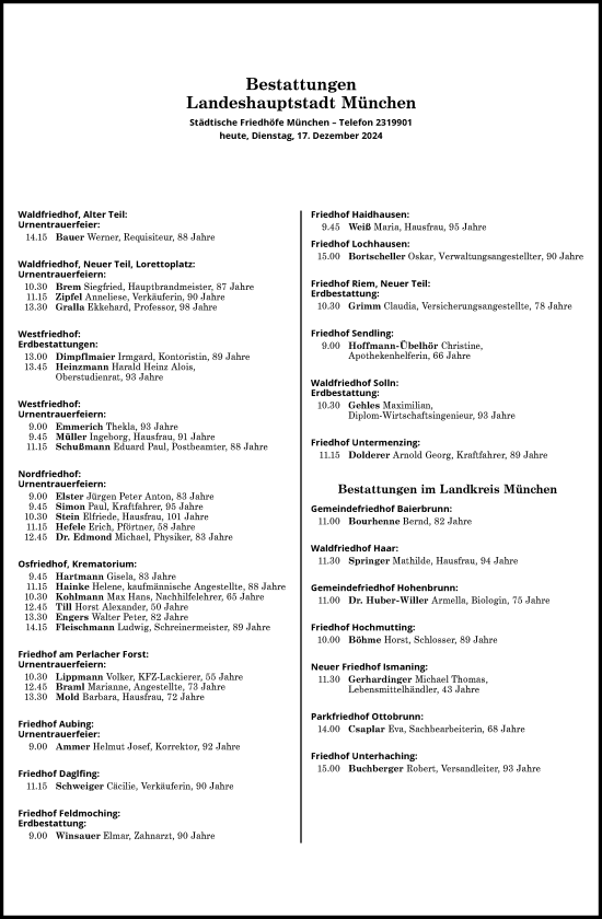 Traueranzeige von Bestattungen vom 17.12.2024 von Süddeutsche Zeitung