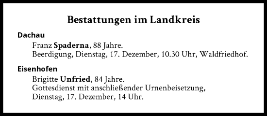 Traueranzeige von Bestattungen vom 17.12.2024 von Süddeutsche Zeitung