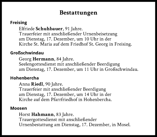 Traueranzeige von Bestattungen vom 17.12.2024 von Süddeutsche Zeitung