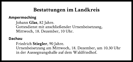 Traueranzeige von Bestattungen vom 18.12.2024 von Süddeutsche Zeitung