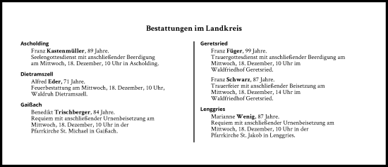 Traueranzeige von Bestattungen vom 18.12.2024 von Süddeutsche Zeitung