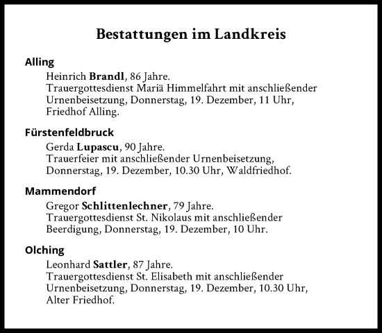 Traueranzeige von Bestattungen vom 19.12.2024 von Süddeutsche Zeitung