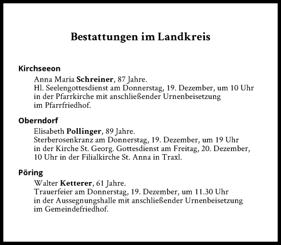 Traueranzeige von Bestattungen vom 19.12.2024 von Süddeutsche Zeitung