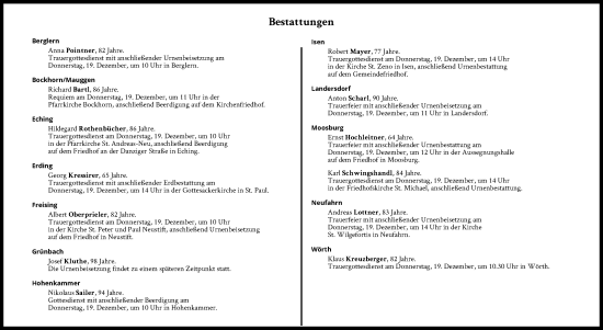 Traueranzeige von Bestattungen vom 19.12.2024 von Süddeutsche Zeitung