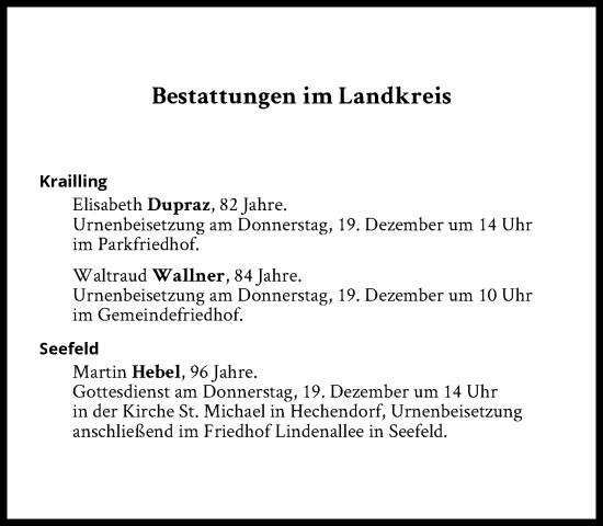 Traueranzeige von Bestattungen vom 19.12.2024 von Süddeutsche Zeitung