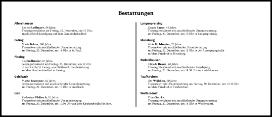 Traueranzeige von Bestattungen vom 20.12.2024 von Süddeutsche Zeitung