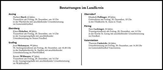 Traueranzeige von Bestattungen vom 20.12.2024 von Süddeutsche Zeitung