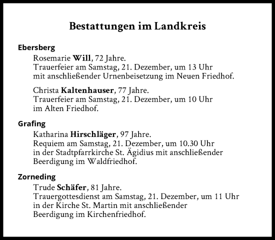 Traueranzeige von Bestattungen vom 21.12.2024 von Süddeutsche Zeitung