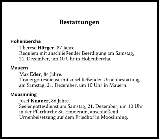 Traueranzeige von Bestattungen vom 21.12.2024 von Süddeutsche Zeitung