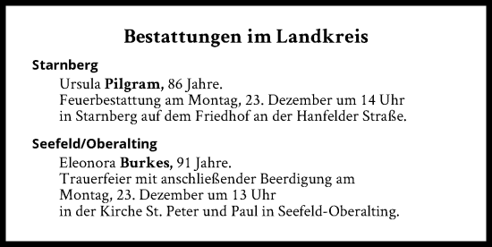 Traueranzeige von Bestattungen vom 23.12.2024 von Süddeutsche Zeitung