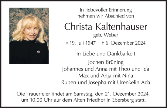 Traueranzeige von Christa Kaltenhauser von Süddeutsche Zeitung