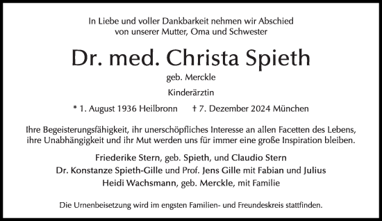 Traueranzeige von Christa Spieth von Süddeutsche Zeitung