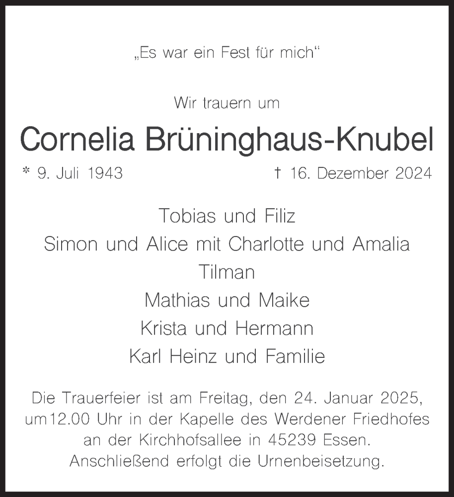  Traueranzeige für Cornelia Brüninghaus-Knubel vom 28.12.2024 aus Süddeutsche Zeitung