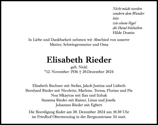 Traueranzeige von Elisabeth Rieder von Süddeutsche Zeitung