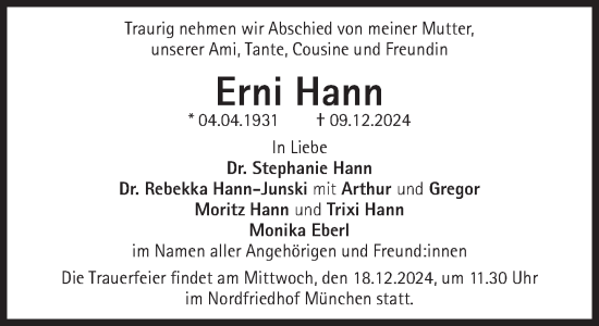 Traueranzeige von Ernestine Hann von Süddeutsche Zeitung