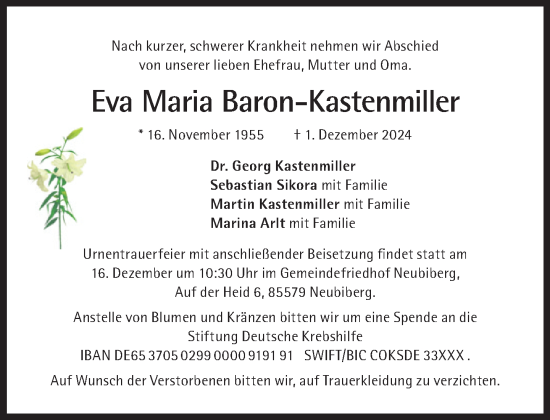 Traueranzeige von Eva-Maria Baron-Kastenmiller von Süddeutsche Zeitung