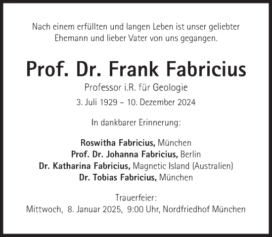 Traueranzeige von Frank Fabricius von Süddeutsche Zeitung