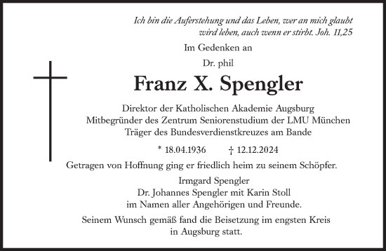 Traueranzeige von Franz X. Spengler von Süddeutsche Zeitung