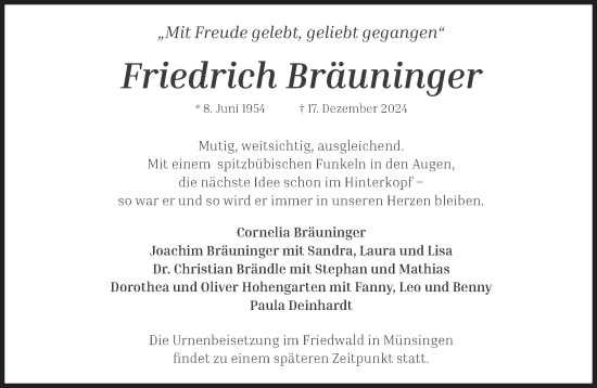 Traueranzeige von Friedrich Bräuninger von Süddeutsche Zeitung