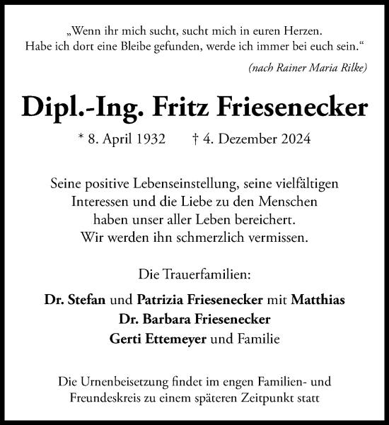 Traueranzeige von Fritz Friesenecker von Süddeutsche Zeitung