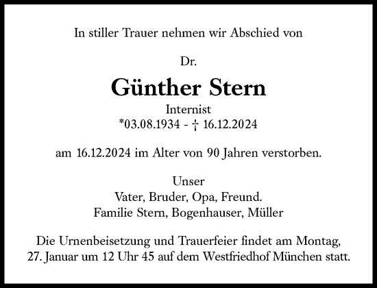 Traueranzeige von Günther Stern von Süddeutsche Zeitung