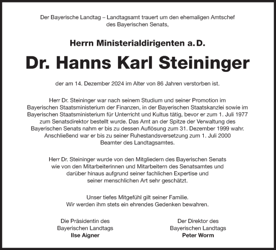 Traueranzeige von Hanns Karl Steininger von Süddeutsche Zeitung