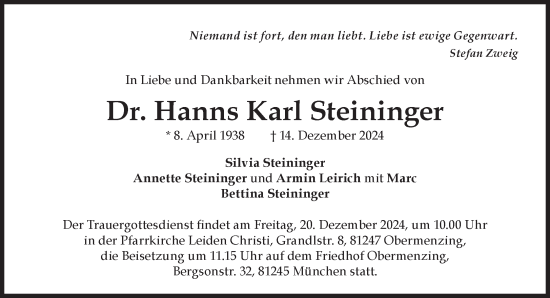 Traueranzeige von Hanns Karl Steininger von Süddeutsche Zeitung