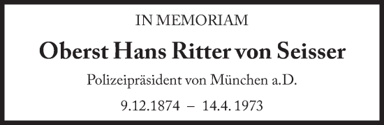 Traueranzeige von Hans  Ritter von Seisser von Süddeutsche Zeitung