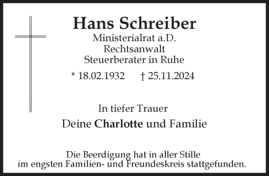 Traueranzeige von Hans Schreiber von Süddeutsche Zeitung