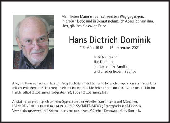 Traueranzeige von Hans Dietrich Dominik von Süddeutsche Zeitung