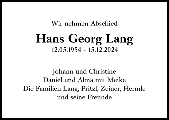 Traueranzeige von Hans Georg Lang von Süddeutsche Zeitung