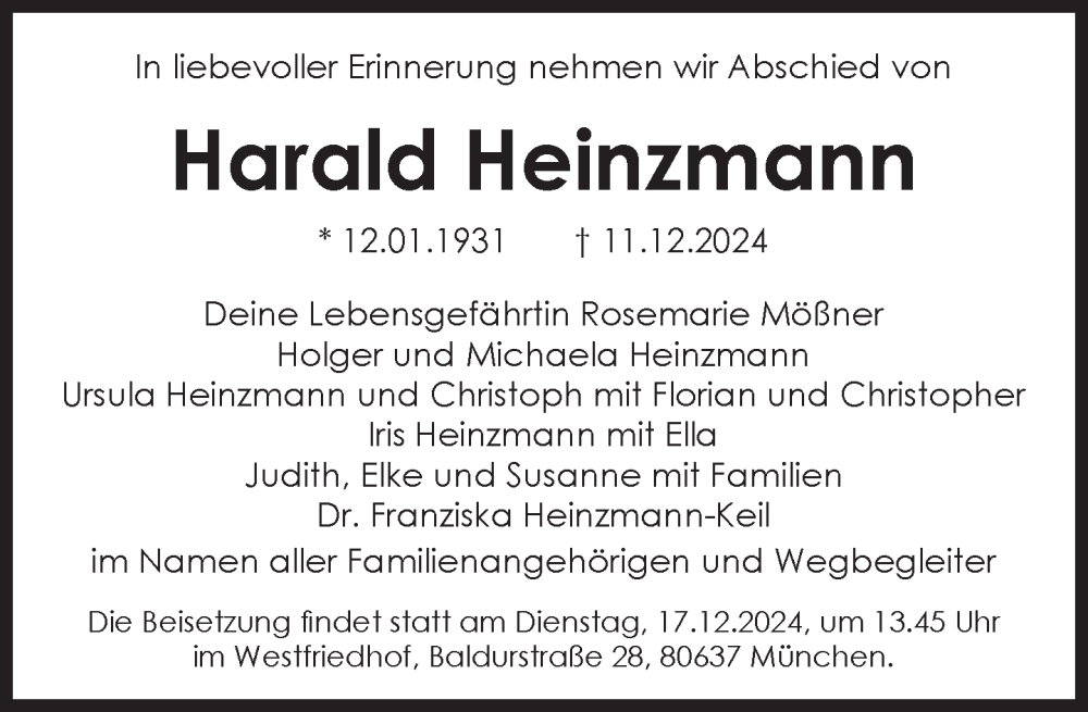  Traueranzeige für Harald Heinzmann vom 14.12.2024 aus Süddeutsche Zeitung