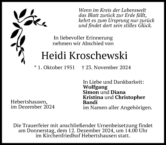 Traueranzeige von Heidi Kroschewski von Süddeutsche Zeitung