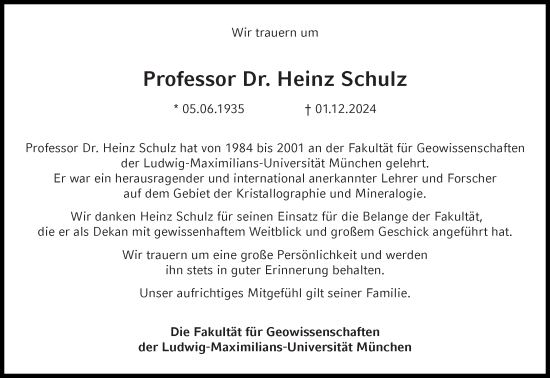 Traueranzeige von Heinz Schulz von Süddeutsche Zeitung