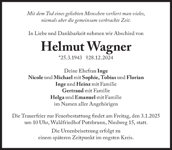 Traueranzeige von Helmut Wagner von Süddeutsche Zeitung