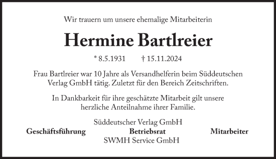 Traueranzeige von Hermine Bartlreier von Süddeutsche Zeitung