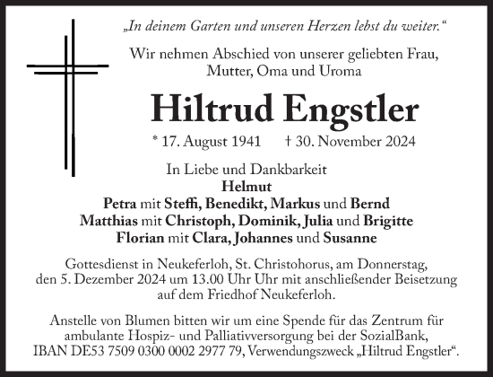 Traueranzeige von Hiltrud Engstler von Süddeutsche Zeitung