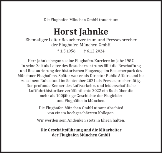 Traueranzeige von Horst Jahnke von Süddeutsche Zeitung