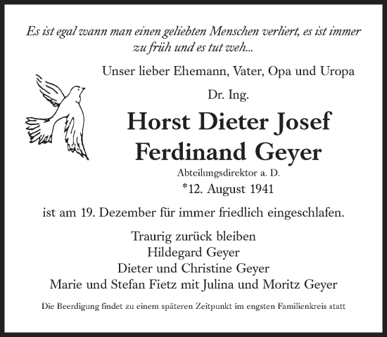 Traueranzeige von Horst Dieter Josef Ferdinand Geyer von Süddeutsche Zeitung