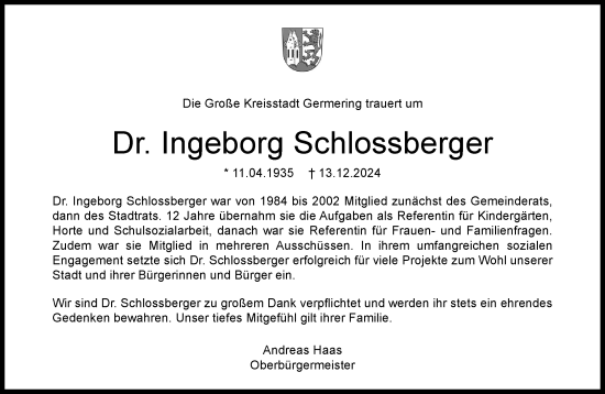 Traueranzeige von Ingeborg Schlossberger von Süddeutsche Zeitung