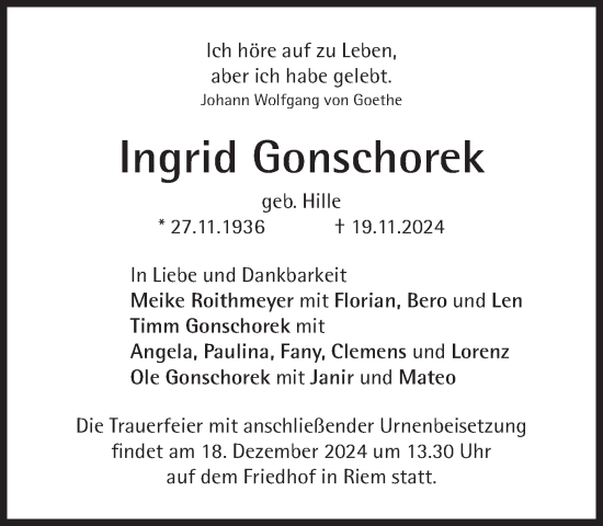 Traueranzeige von Ingrid Gonschorek von Süddeutsche Zeitung