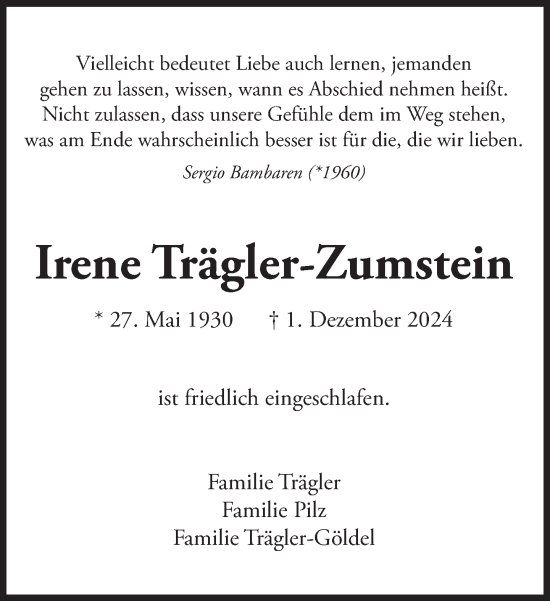 Traueranzeige von Irene Trägler-Zumstein von Süddeutsche Zeitung