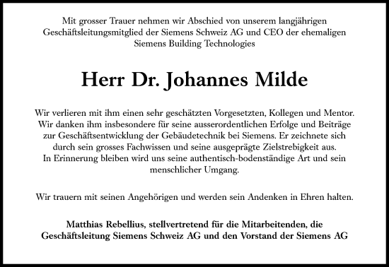 Traueranzeige von Johannes Milde von Süddeutsche Zeitung